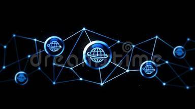 服务器数据空间与地球图标浮动。 互联网连接结构。 国际交流。 商业概念。 多边形